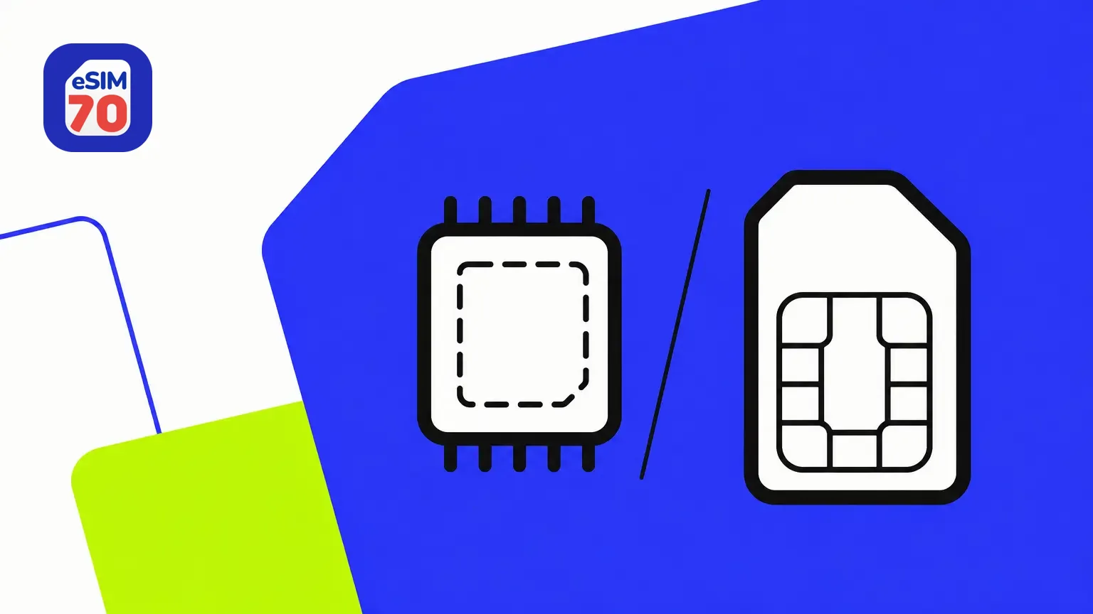 Blue and green abstract graphic with an “eSIM 70” logo, a microchip icon, and a SIM card icon.