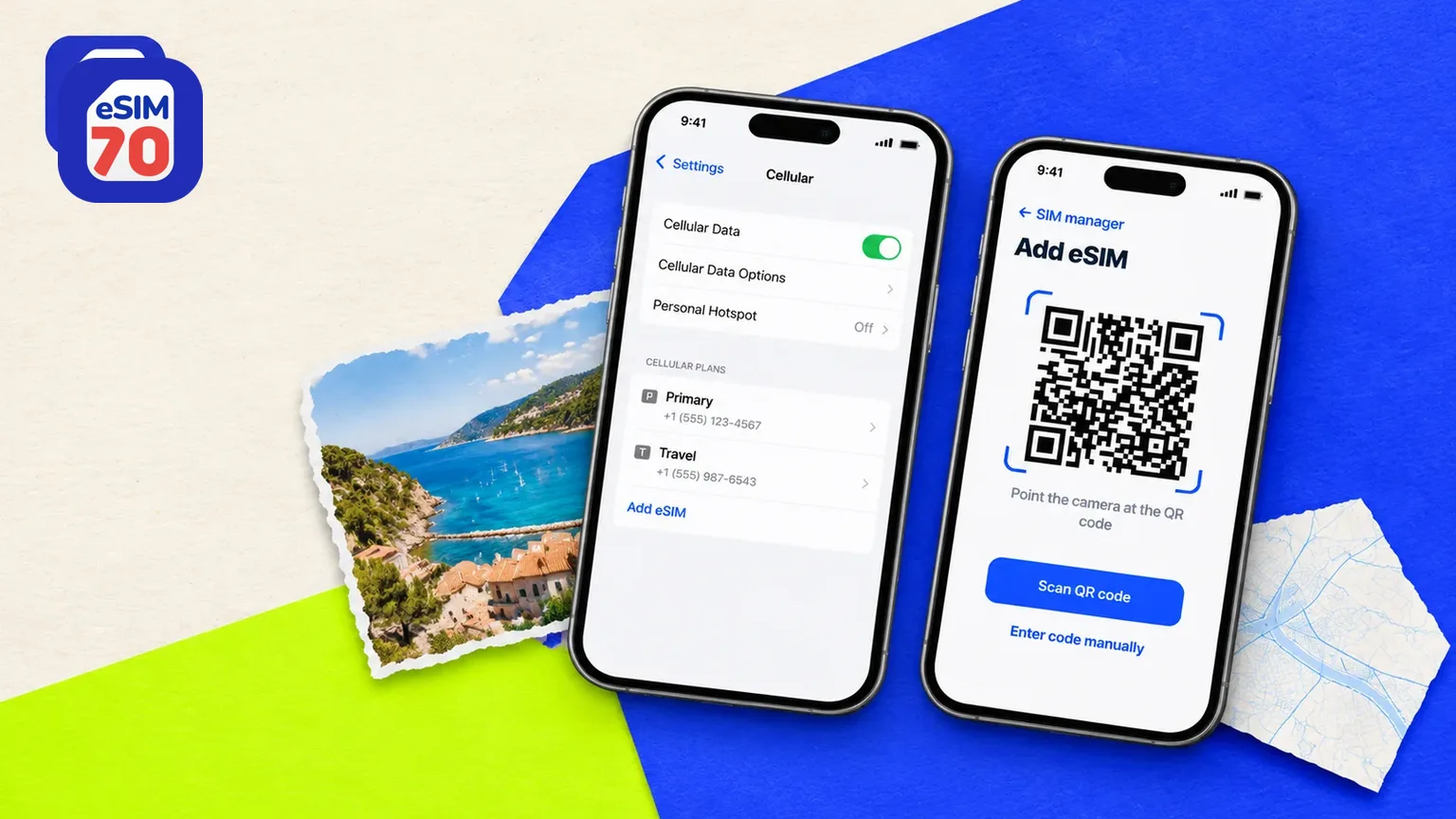 Two iPhones demonstrating eSIM installation, with Cellular Settings showing the “Add eSIM” option and the second phone displaying an eSIM QR code scanner, set against a blue and li